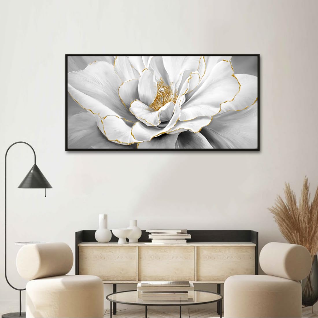 Woxfcart Framed Peony Floral Wall Art, Black and White Dahlias Flower With Gold Accents Print Canvas Artwork for Gray Living Room Bedroom Office Decor, 48 x 24 Inch
