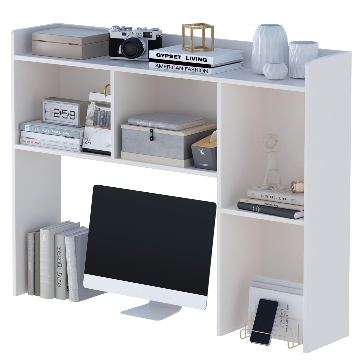 OSCHF Wooden Desktop Hutch Bookshelf - Free Standing Desk Storage Shelf with Top Edge for Computer Desk, Desktop Bookcase for Dorm, Home or Office, Countertop Organizer, White, 45.3"