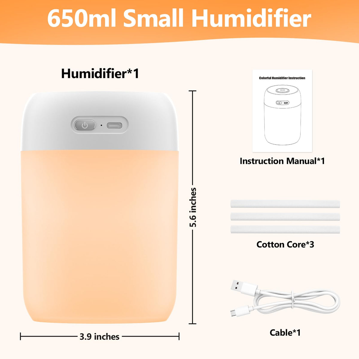 BAMCOO Portable Small Humidifier, 650ml Colorful Mini Humidifier for Bedroom, Office Desktop, Baby Room, Plants, Cool Mist Humidifiers(White)