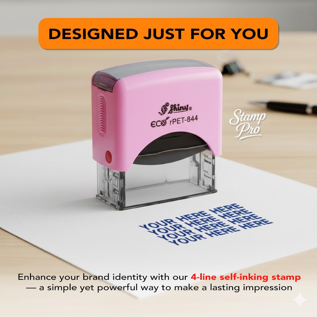 Stamp Pro Pink Self Inking 4 Line Custom Stamp – Personalized Name or Text Stamp for Home, School, Crafts & Business Use
