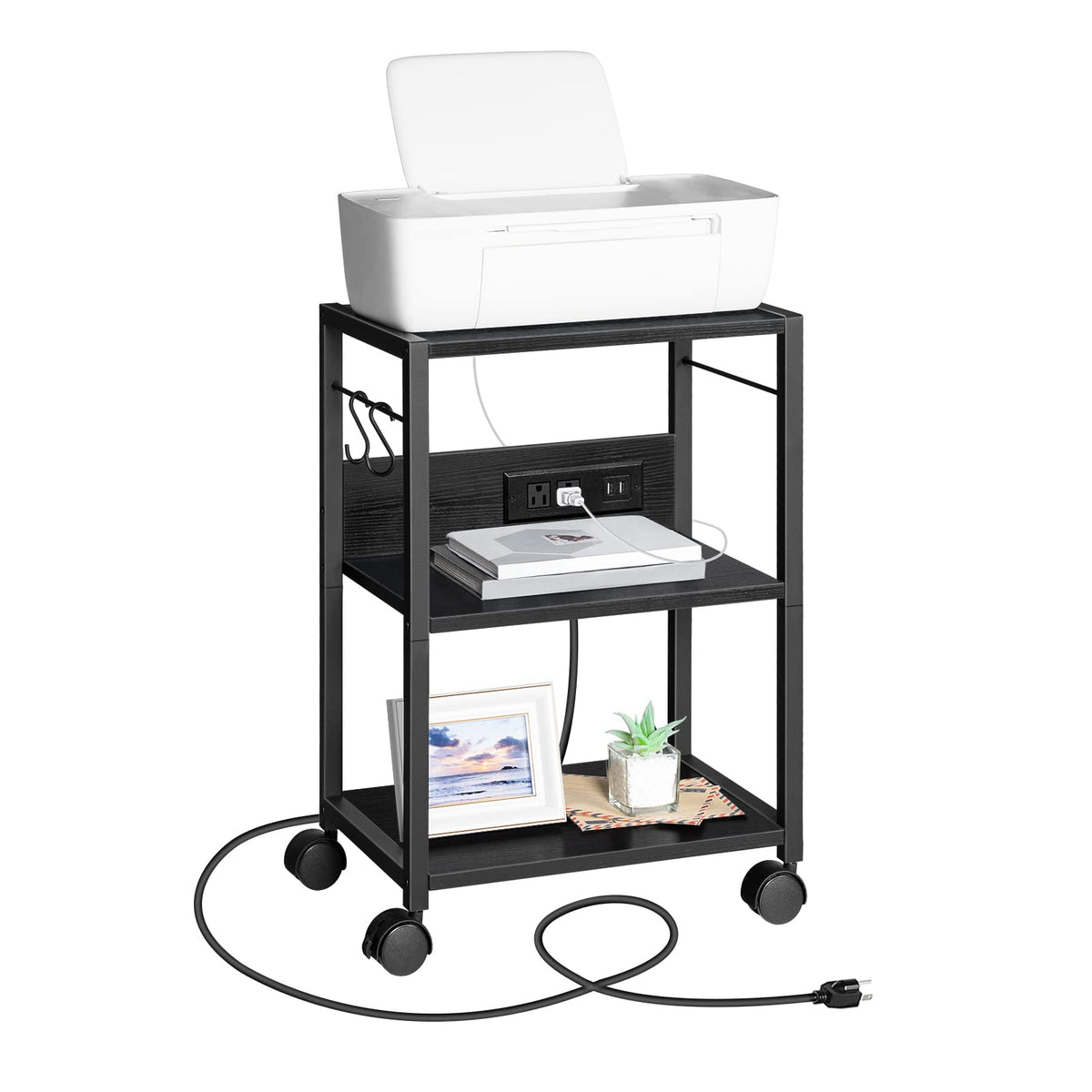 MAHANCRIS Industrial Printer Cart, 3-Tier Mobile Printer Stand, Rolling Cart with Power Outlets and USB Ports, Home Printer Stand with 2 Hooks, for Office, Living Room, Black PTHB40E01