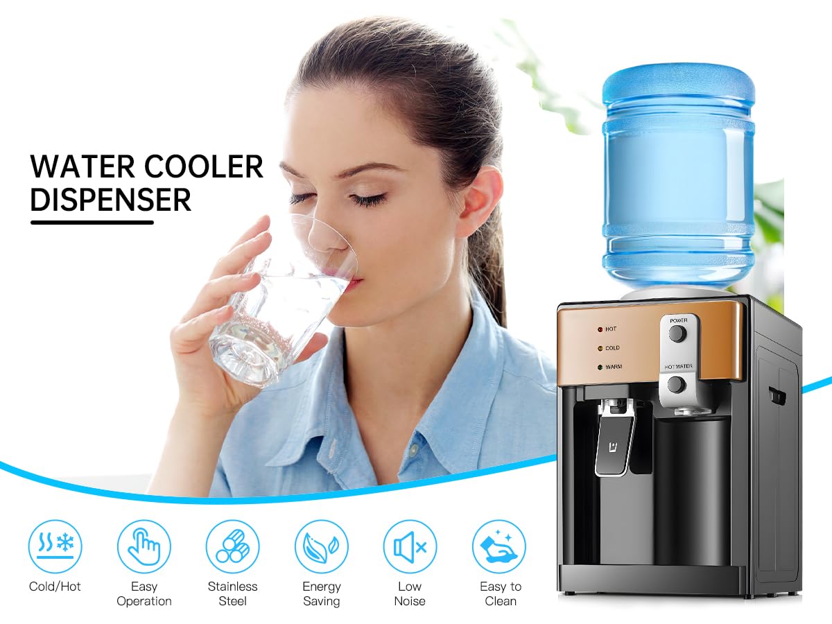 Housiwill Countertop Water Dispenser, Top Loading Water Cooler for 1.2 to 5 Gallon, 3 Temperature Settings Room Temperature Water Cold Hot Water Dispenser, Suitable for Home, Office, Dorm Bedside Use