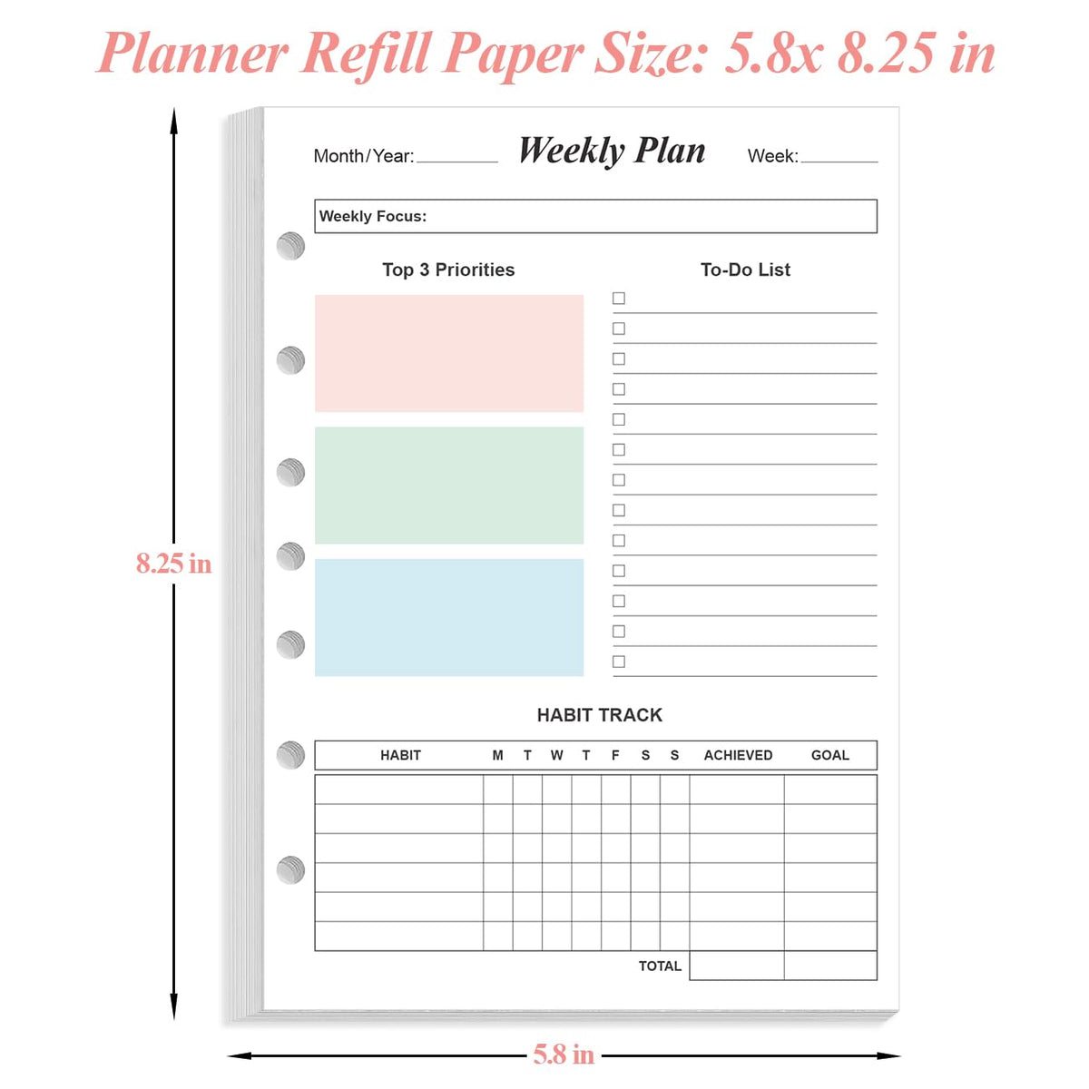 (2-PACK) Weekly Planner Refills for 3 or 7 Ring Mini Binders - 106 Sheets/212 Pages Undated Colorful Weekly Planner, 100 gsm White Paper, Lasts 2 Year, Undated, 5.8" x 8.3"