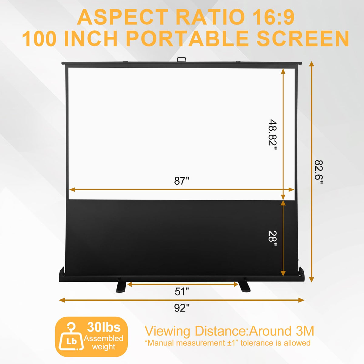 LIHONG Screen 100 inch 16:9 Portable Manual Pull Up Floor Rising Projector Screen Indoor & Outdoor HD Matte White for Long Standard Projection Fast Setup for Home Theater Movies,Classroom,Office