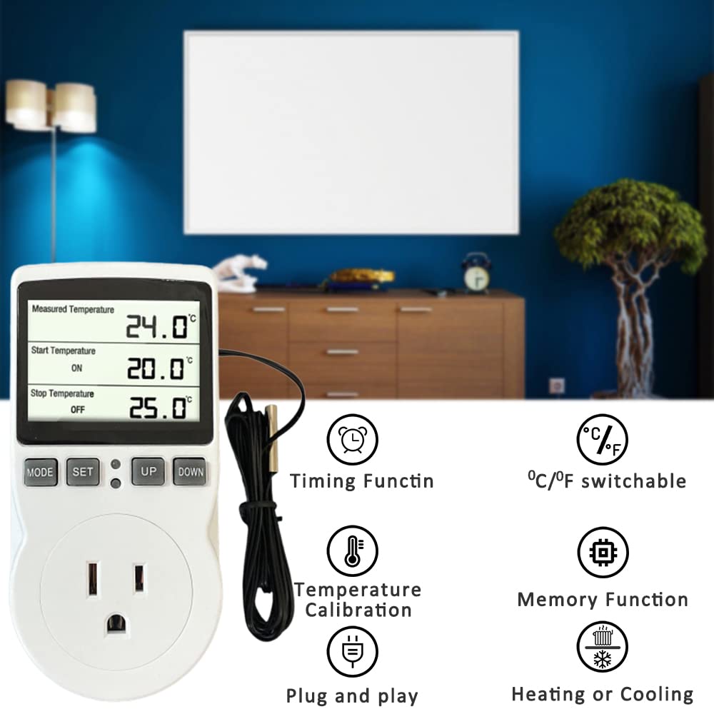 Plug in Thermostat Temperature Controller Heavy Duty Digital Thermostat Outlet Plug Heating Cooling Mode Countdown Timer