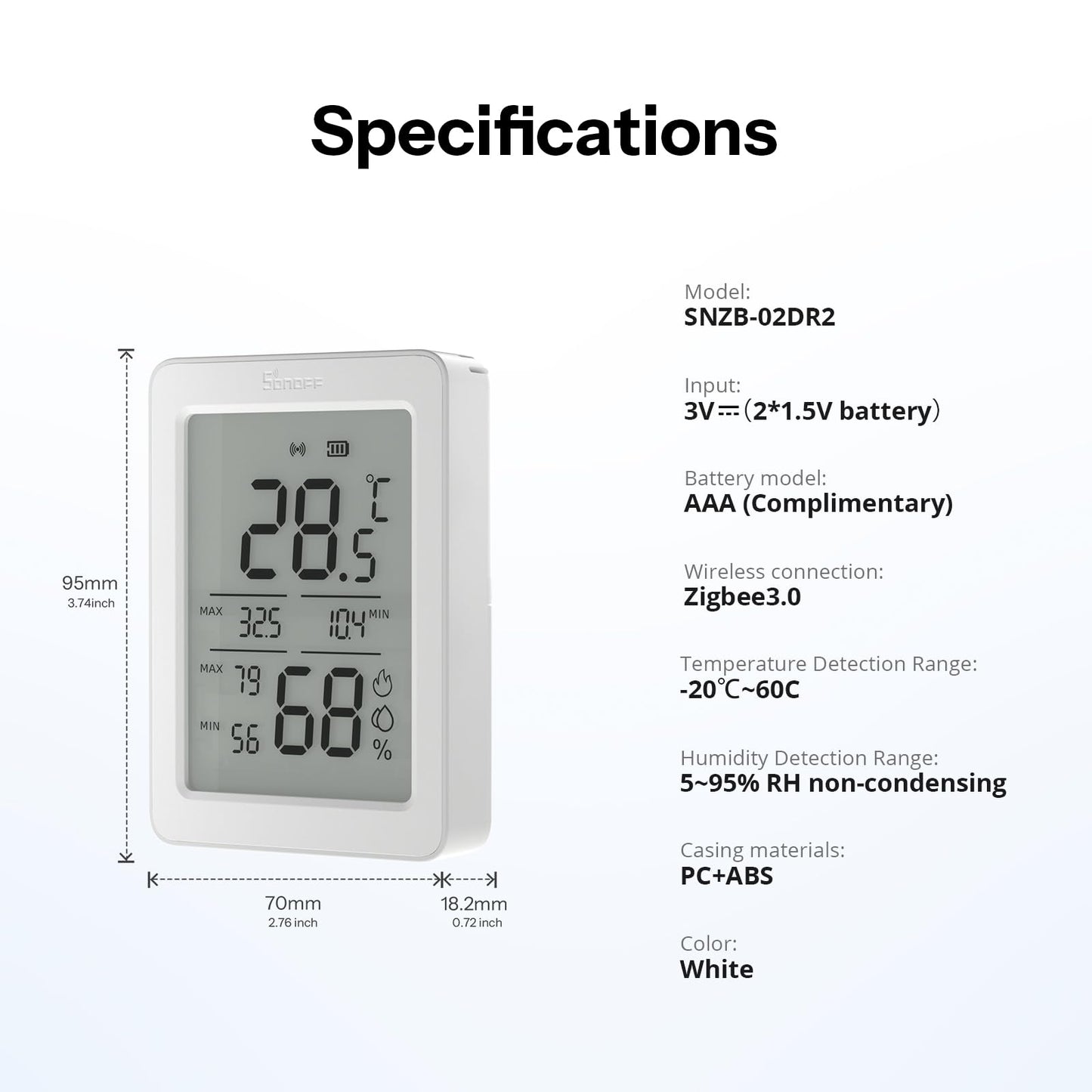 SONOFF AirGuard TH, Indoor Smart Zigbee Temperature and Humidity Sensor, 3.6'' LCD Display, App Monitoring with Charts, Notification Alerts, Data Export, Remote Data Display 2-Pack