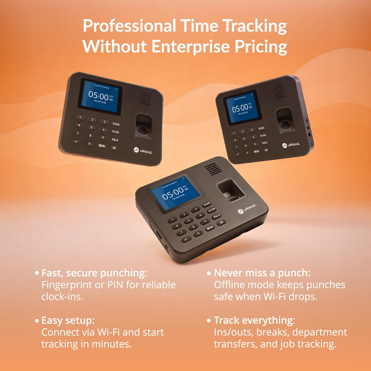 uAttend RE2000 Biometric Time Clock for Employees – Fingerprint + PIN Punching, Wi‑Fi Cloud Time & Attendance System with Offline Storage, Payroll-Ready – Small Business Time Tracking