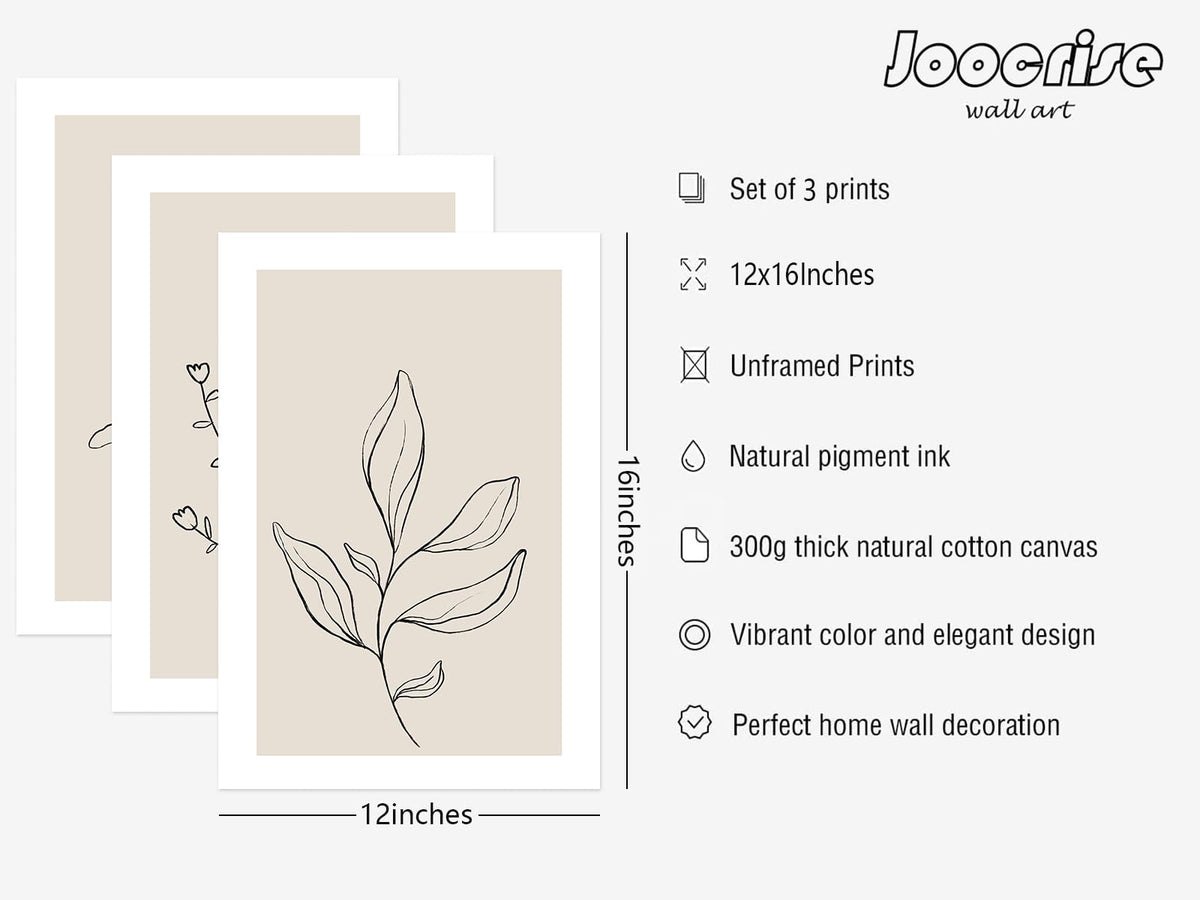 Joocrise Botanical Wall Art Decor Set of 3 Neutral Wall Decor Boho Beige Canvas Wall Art Botanical Minimalist Pictures Botanical Neutral Prints Beige Boho Artwork for Room Bedroom 12x16 Inch Unframed