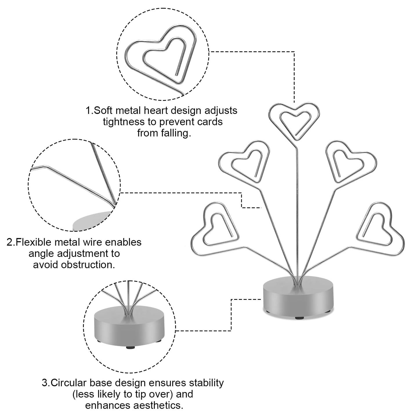 FaitAtten Desktop Heart-Shaped Photo Tree Style Holders Round Base,5-Branch Family Picture Frame Clips Holder Desk Card Display Stand for Christmas,Wedding, Birthday Party,Gift Silver