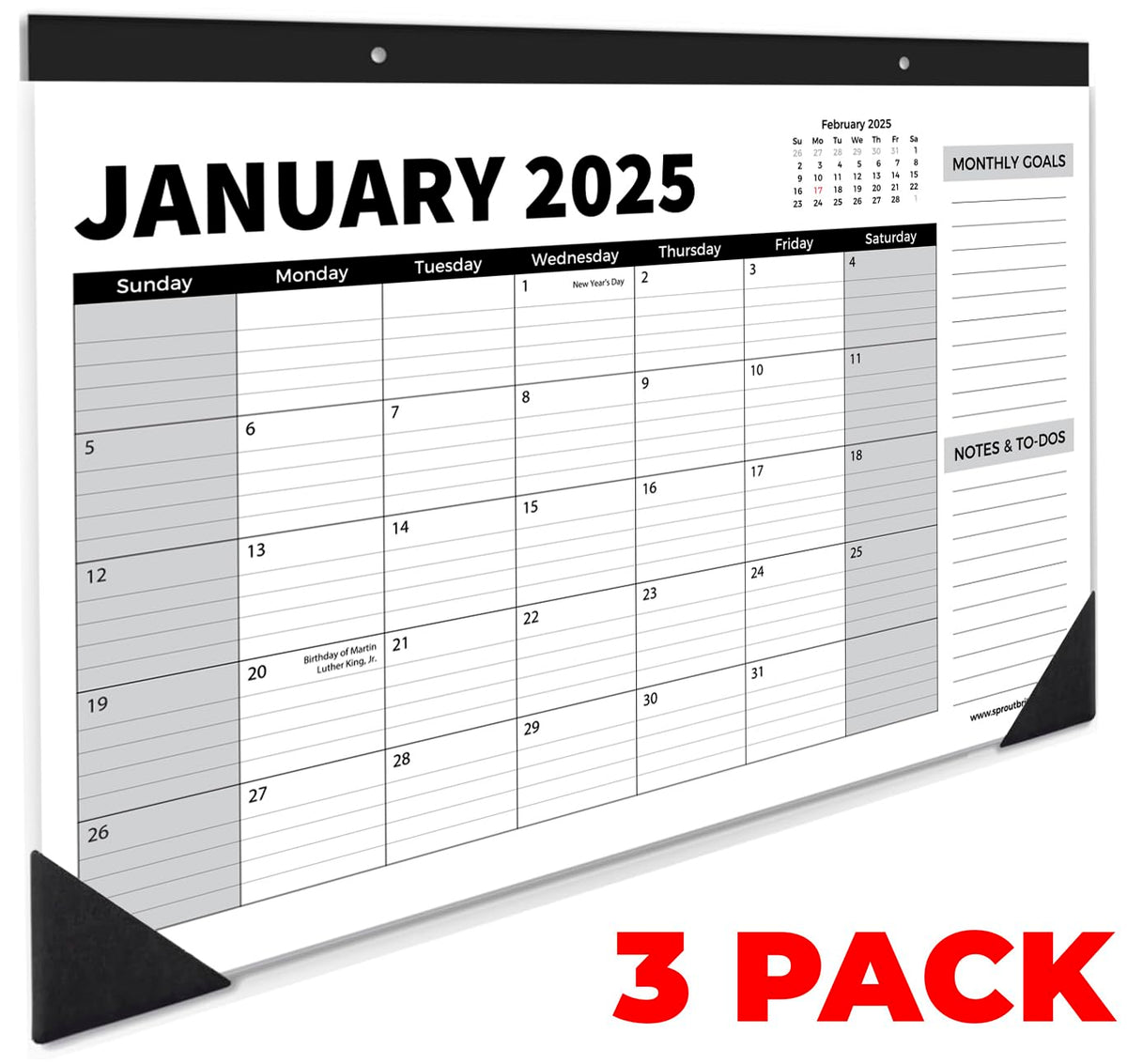 Sproutbrite 18 Month Calendar - 17" x 11.5" Medium Size Desk Calendar 2025-2026, Desktop Monthly Planner with To-Do List and Notes, Home, Office Desk Calendar (3 Pack, Jan 2025)
