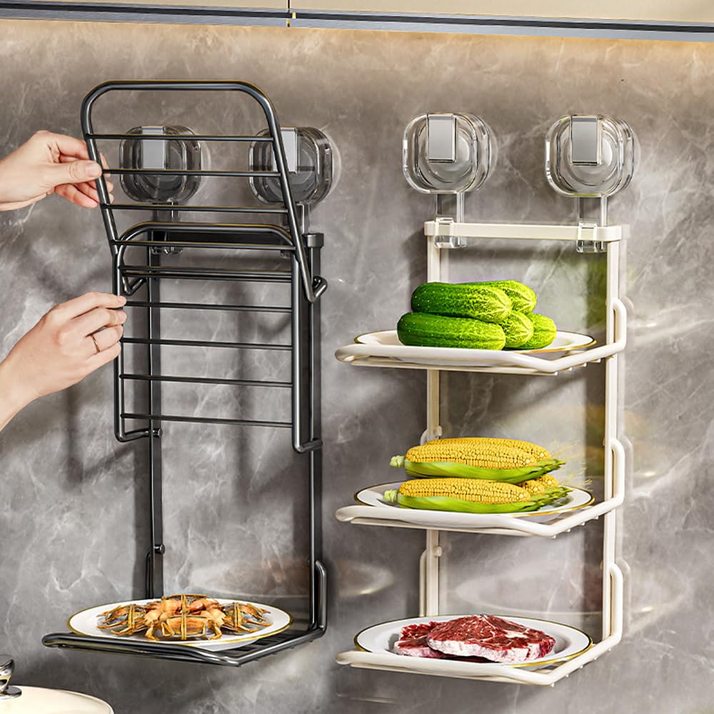 ELEFOCUS Suction Cup Kitchen Dish Storage Rack,3 Tier Food Preparation Tray,Wall Mounted Vegetable Tray Vegetable Preparation Rack,Multi-Layer Side Dish Storage Rack, Folding Non Perforated (White)