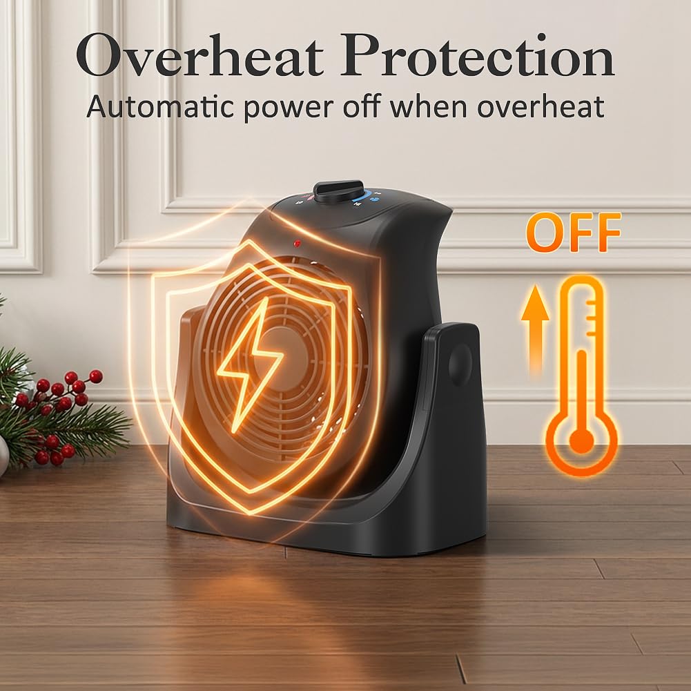 2 in 1 Heater Fan Combo, Portable Space Heater Cooling Desk Fan, Air Circulator Fan 45° Tilt, 2 Wind Speeds, 1500W Overheat Protection Personal Small for Home Office Black