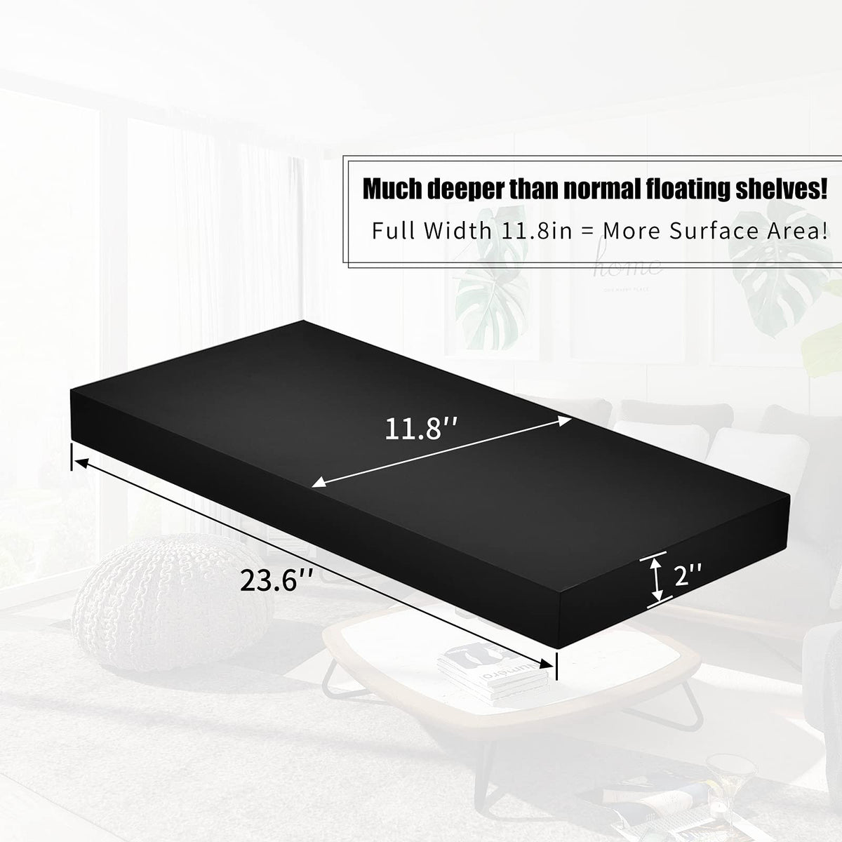 WELLAND 12" Deep Floating Wall Shelf, Black Floating Shelf Display Floating Shelf, 23.62" L x 11.81" D x 2" T, Deeper Than Others, Black