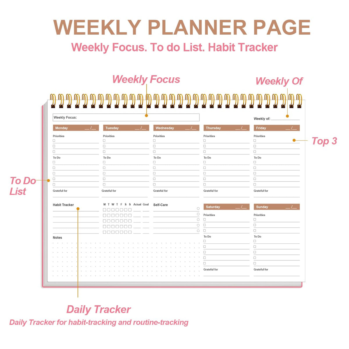 Weekly Productivity Planner - 8" x 11" Dashboard Desk Pad/Planner, Habit Tracker, Spiral Undated Weekly Planner for Office/School/Home, 54 Weeks, Pink