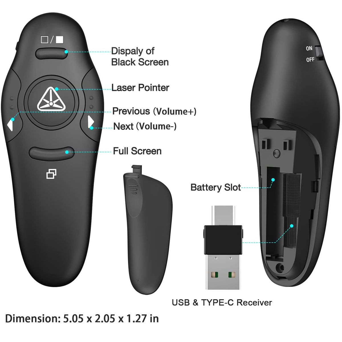 2-in-1 USB Type C Presentation Clicker Wireless Presenter Remote with Laser Pointer, RF 2.4GHz USB C PowerPoint Clicker Slide Advancer for Computer/Mac/Laptop