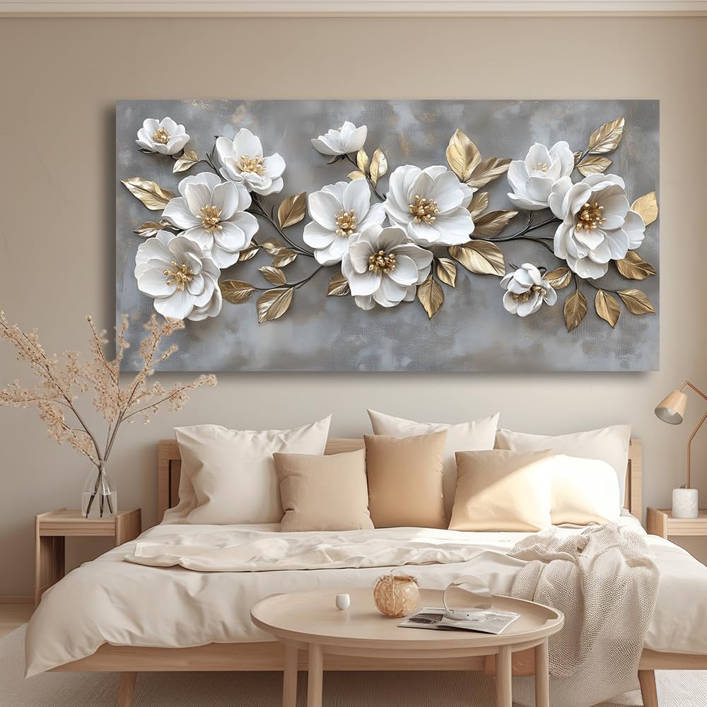 LAVIKARS Modern Gray Flowers Wall Art for Living Room Office White and Golden Floral Landscape Canvas Painting Prints Large Delicate Petals Artwork Kitchen Home Bedroom Decor (16x30 Inches)