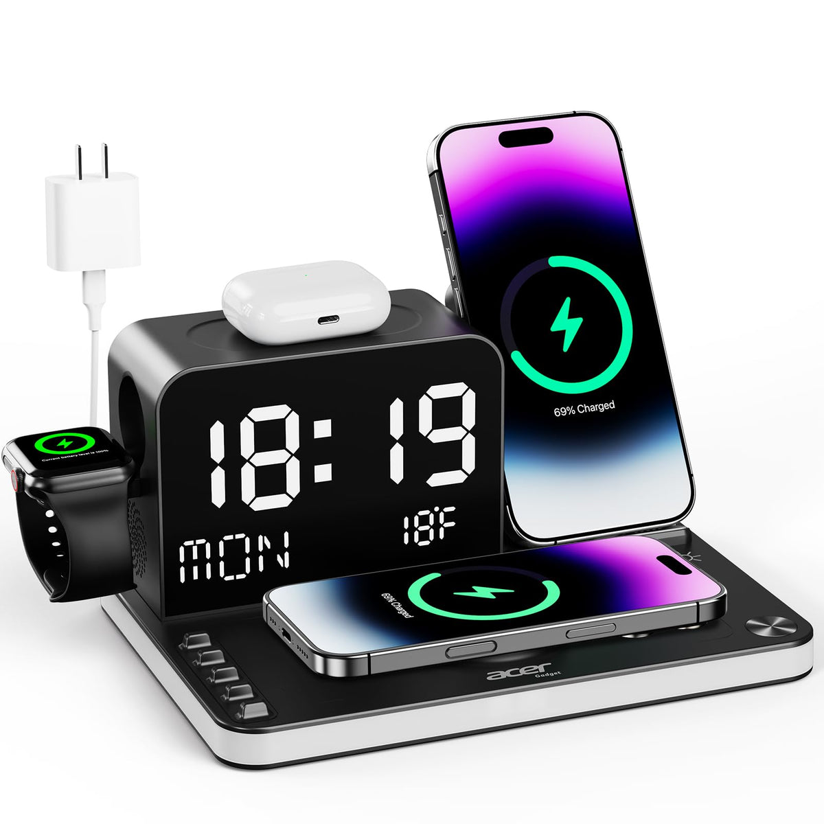 Acer Gadget 7-in-1 Wireless Charging Station Charger Stand for Multiple Devices for Apple - iPhone 17 16 15 14 13 12 Pro Max Apple Watch Airpods, Wireless iPhone Charger Station with Bluetooth TimeSyn