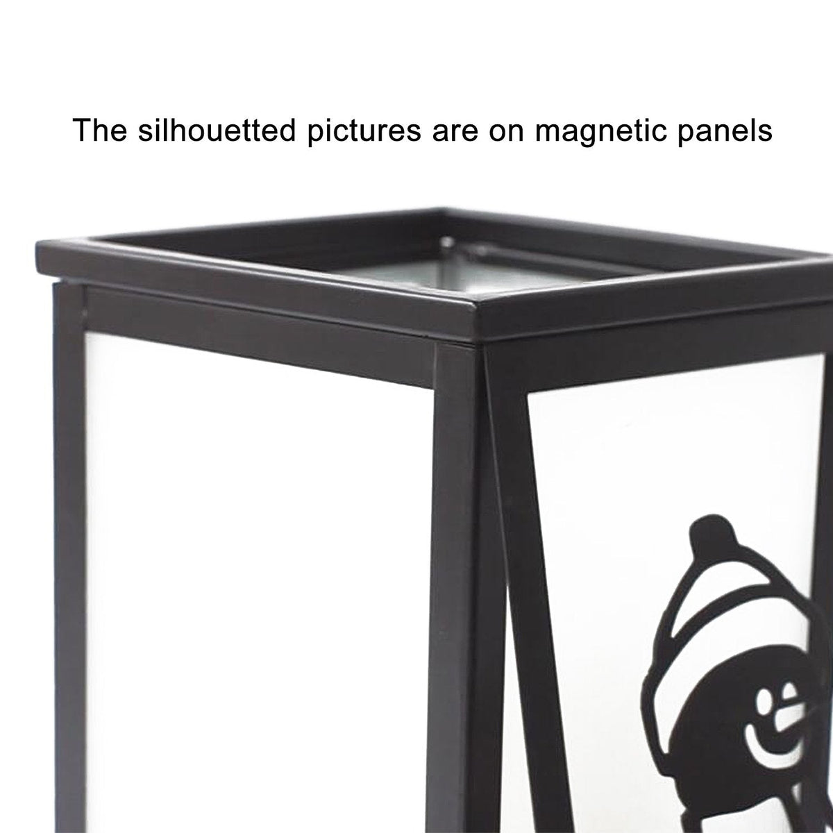 Decorative LED Candle Lantern with Timer & 12 Magnetic Seasonal Panels - Battery Operated Flameless Flickering Candle - Rustic Black Metal Lantern for Indoor & Outdoor Home Decor, 5” x 5” x 8.5”