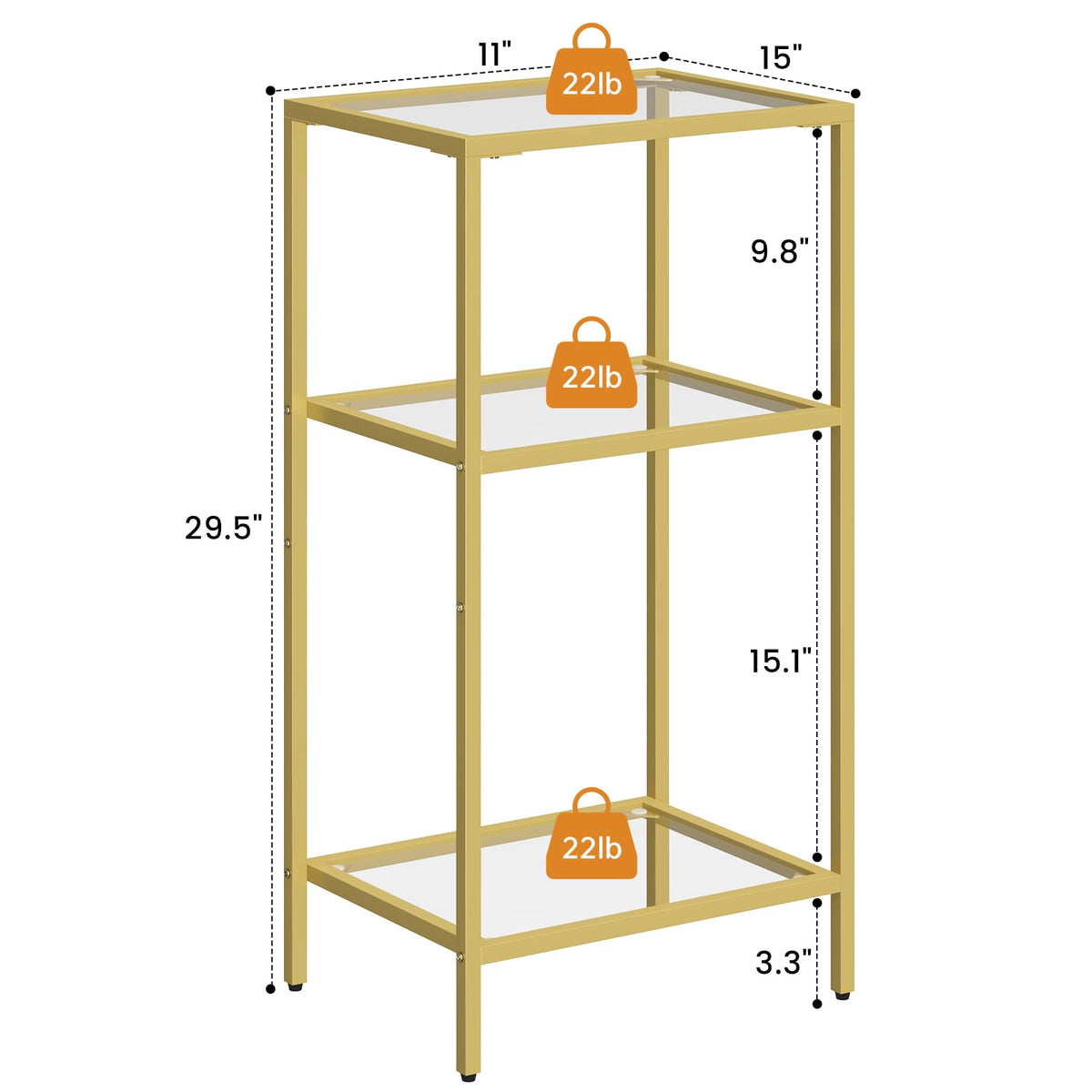 Draelibor Side Tables Set of 2, Tempered Glass End Table with Metal Frame, 3-Tier Small Nightstands with Storage Shelves,Tall Table Stand for Home Decor, Living Room, Bedroom, Office, Gold（2 Pack）