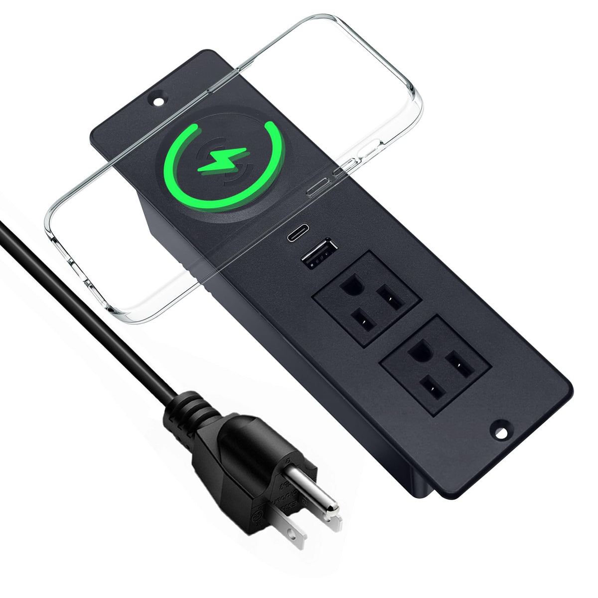 Recessed Power Strip with 15W Wireless Charger,Furniture Recessed Outlet with USB C Fast Charging,Desktop Charging Station & 2 Outlets,2 USB Ports Table Power Strip for Furniture, Home, Office.