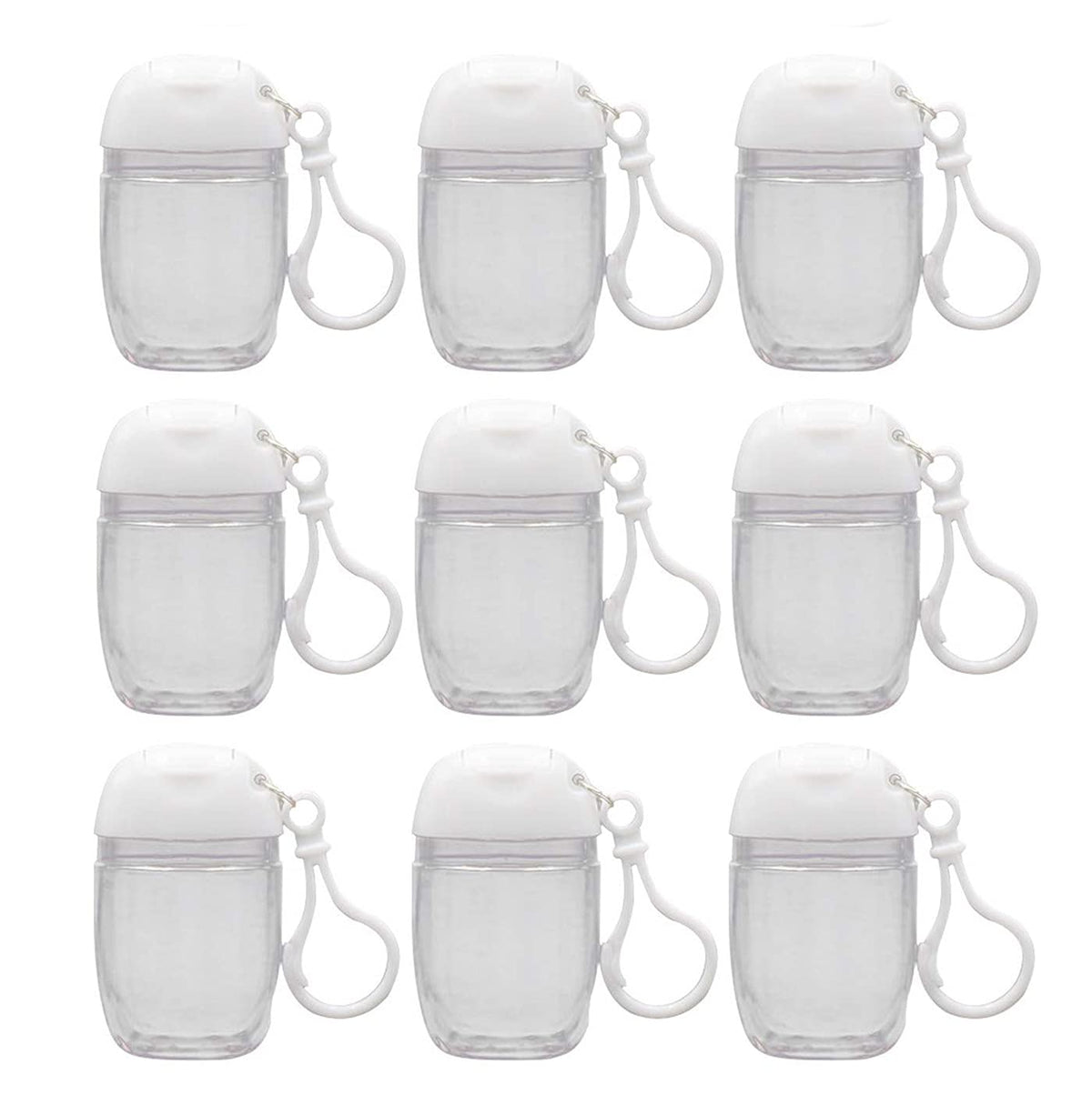 Healthcom 10 Pcs 1Oz 30ml Clear Empty Bottles Hand Sanitizer Travel Holder Hook Keychain Carriers White Flip Cap Reusable Portable Empty Bottle Refillable Cosmetic Container for Liquid Lotions Creams