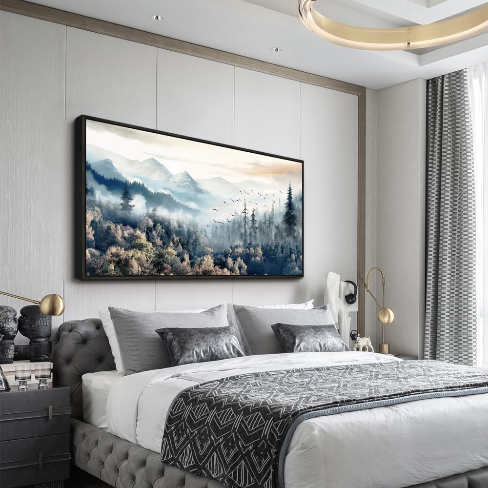 Wapluam Large Black Framed Wall Art For Living Room Abstract Canvas Wall Decoration For Office Fog Forest Landscape Wall Paintings Stretched and Framed Pictures Artwork Modern Bedroom Home Decor