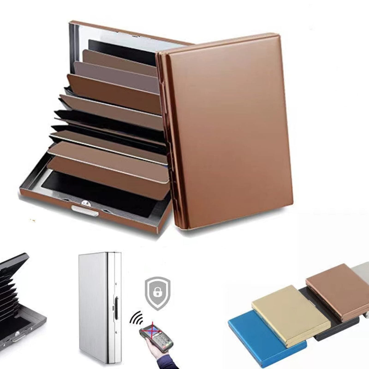 YJHWLF RFID BlockingStainless Steel Credit Card Holder, Men Women Metal Slim Wallet For Driver's License, ID Cards, Credit Cards, Or Business Cards (Rose gold 10 grid)