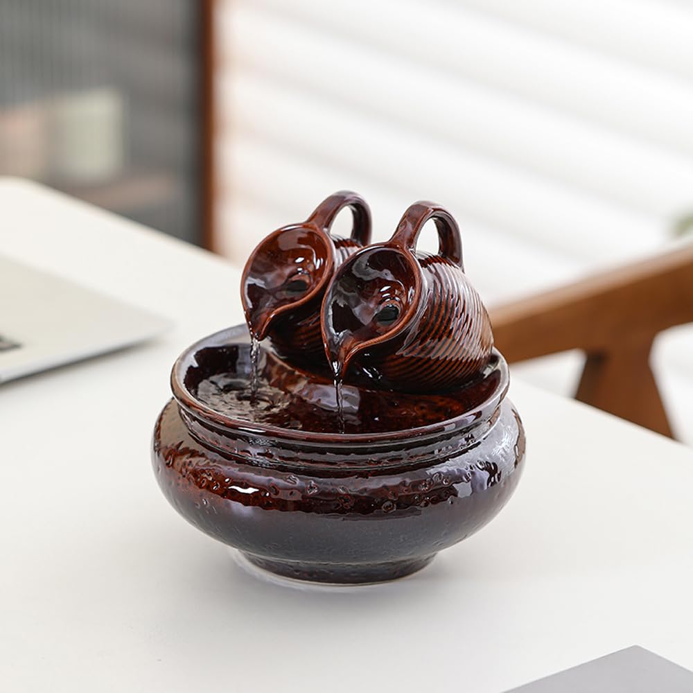 Outdoor and Indoor Tabletop Fountain Desktop Ceramic Fountain Home and Office Decoration (Brown A189)