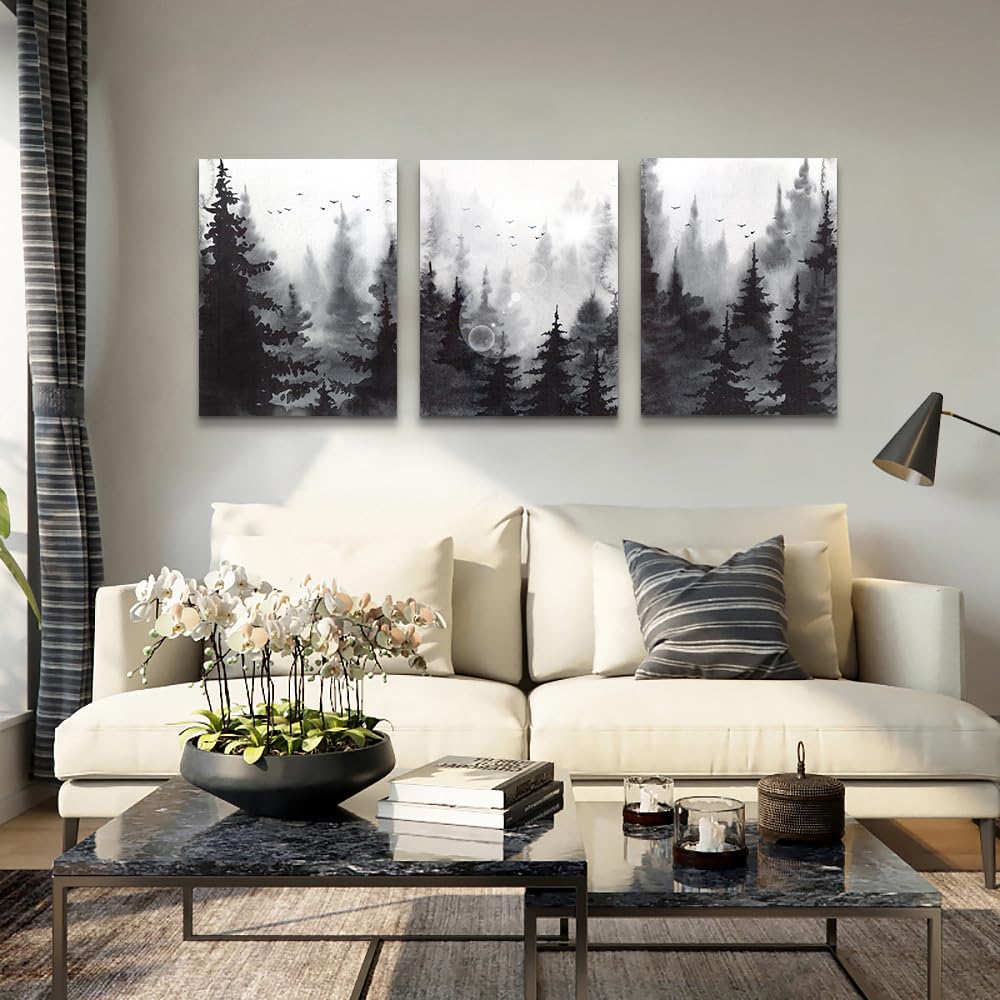 Lapremoly 3-Piece Modern Abstract Art Prints, Black and White Forest Scenery, Canvas Wall Art for Living Room, Bedroom, Office, Home Wall Decor