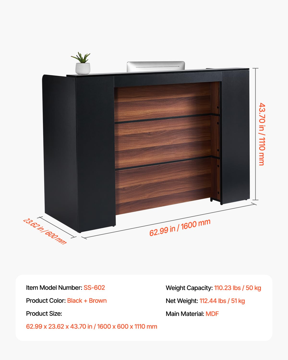 VEVOR Reception Desk, 62 Inch Rectangular Front Counter Table, Office Reception Desk Front Retail Counter with LED Light, for Checkout, Lobby, Beauty Salon and Office, Black & Brown