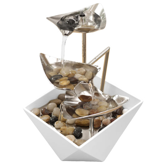 BurTrickle Indoor Tabletop Water Fountain - Home Decor Handcrafted 3-Tier 304 Metal Durable Desktop Fountain, Quiet Pump, Zen Relaxation for Office, Living Room, or Bedroom, Trilogy (White)