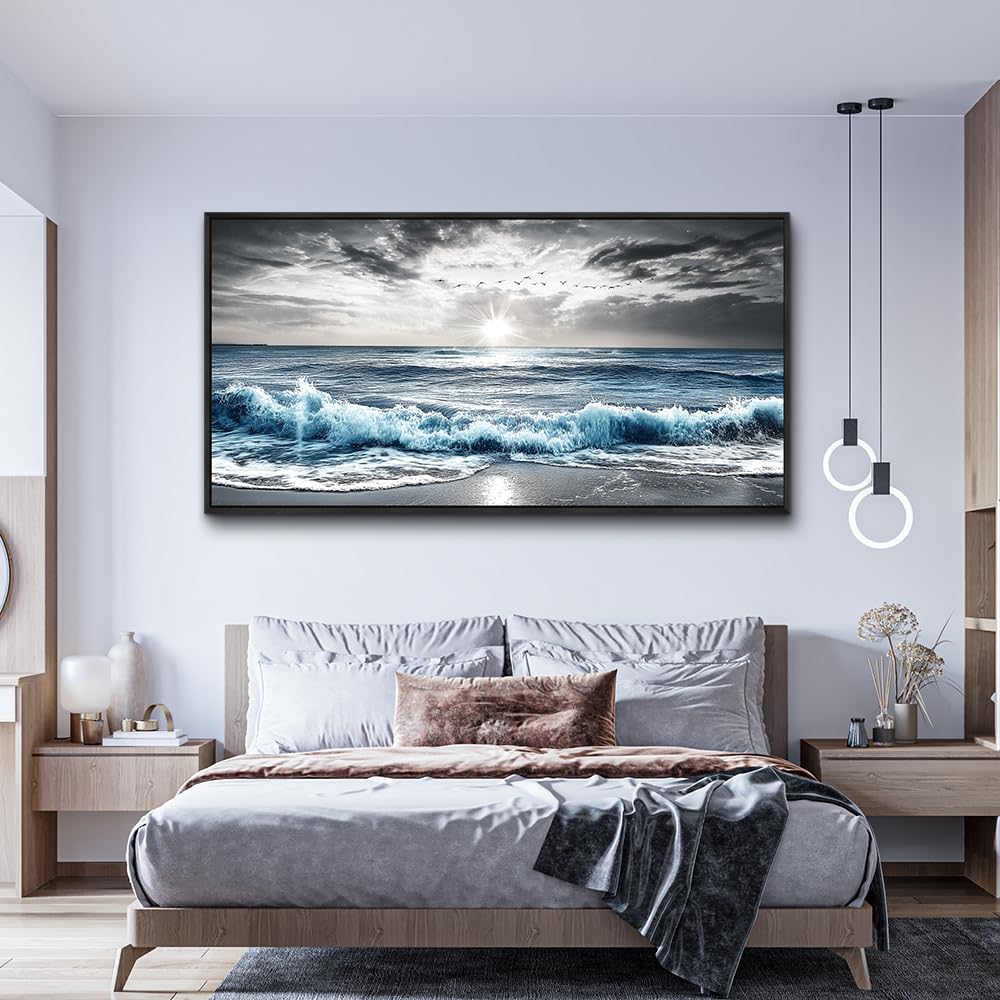 KELIYUAN Wall Decor For Living Room Canvas Wall Art For Bedroom Office Black And White Pictures Beach Wave Scenery Murals Artwork For Modern Stretched and Framed Beach Posters Home Decor 20"X40"