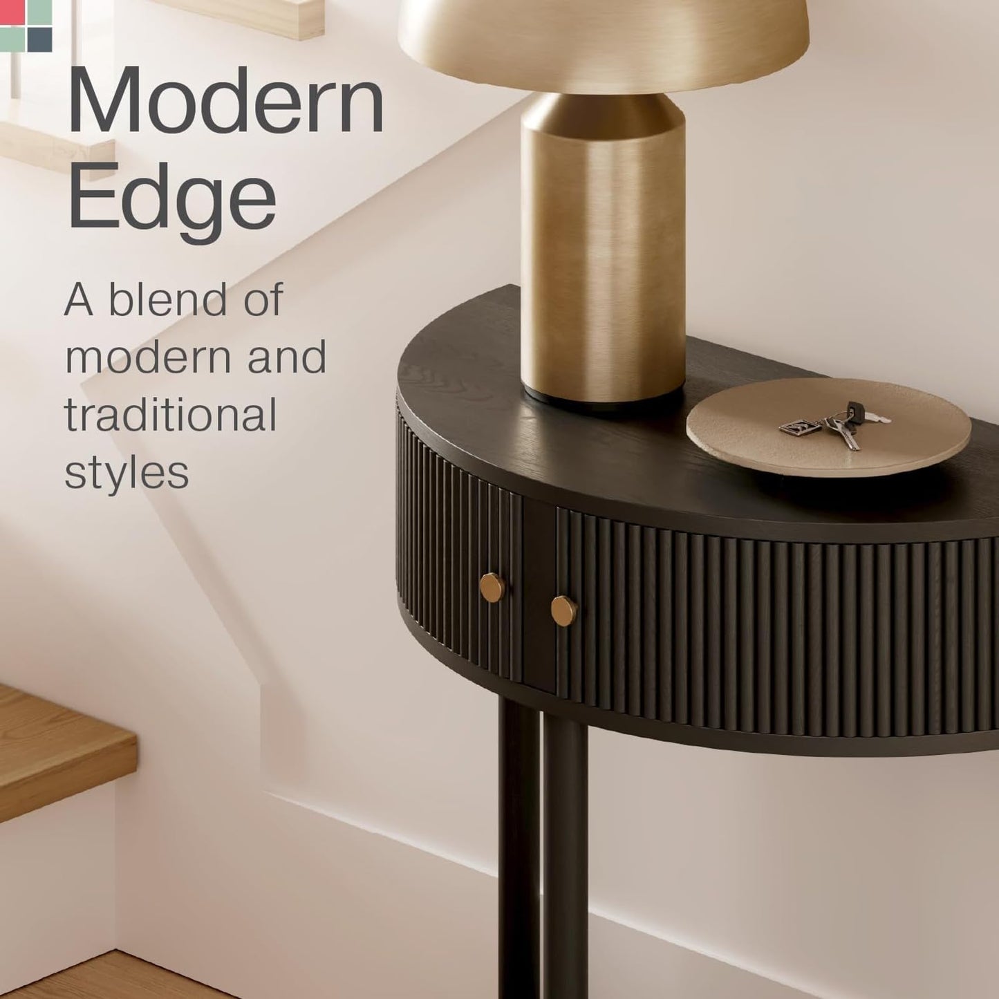 Stead Entryway Table Fluted Half Moon Console - Semicircular, Black Oak Veneer - Hidden Storage with Two Fluted Doors & Brass Knobs - Modern Narrow Console Table for Living Room & Hallway
