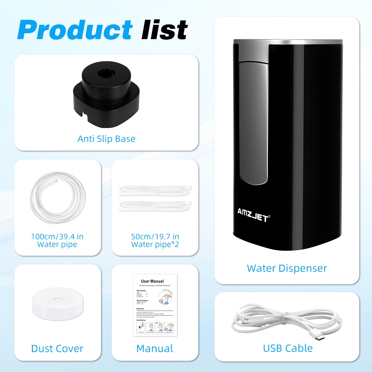 Water Dispenser for 5 Gallon Bottle with Digital Display, 4 Dispense Modes, Portable USB Charging Electric Water Pump, Foldable Spout, Food-Grade Water Jug Pump for Home, Office, RV, Campin(Black)