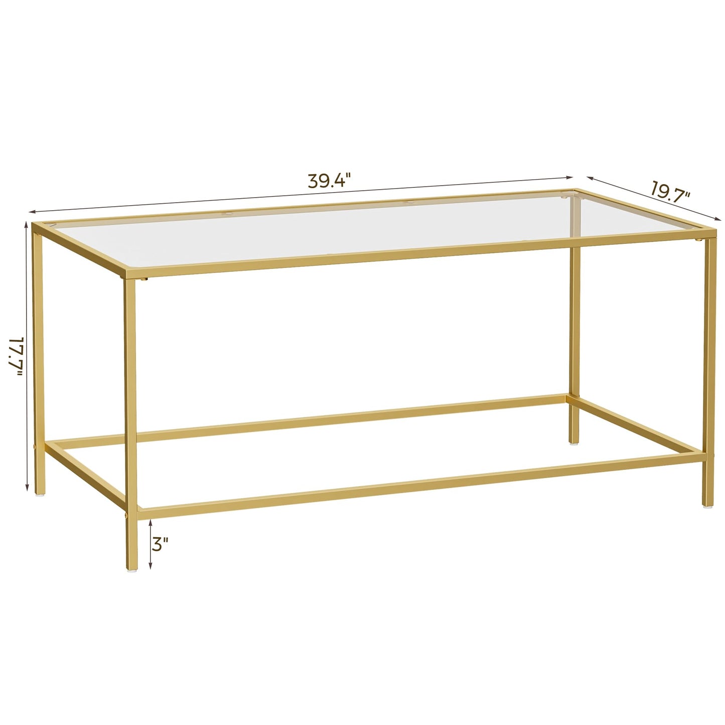 Homleke Glass Coffee Table, Modern Rectangular Coffee Table for Living Room, Minimalist Center Tea Table with Sturdy Metal Frame for Apartment, Office, Easy Assembly, 39.4 x 19.7 x 17.7 Inches, Golden