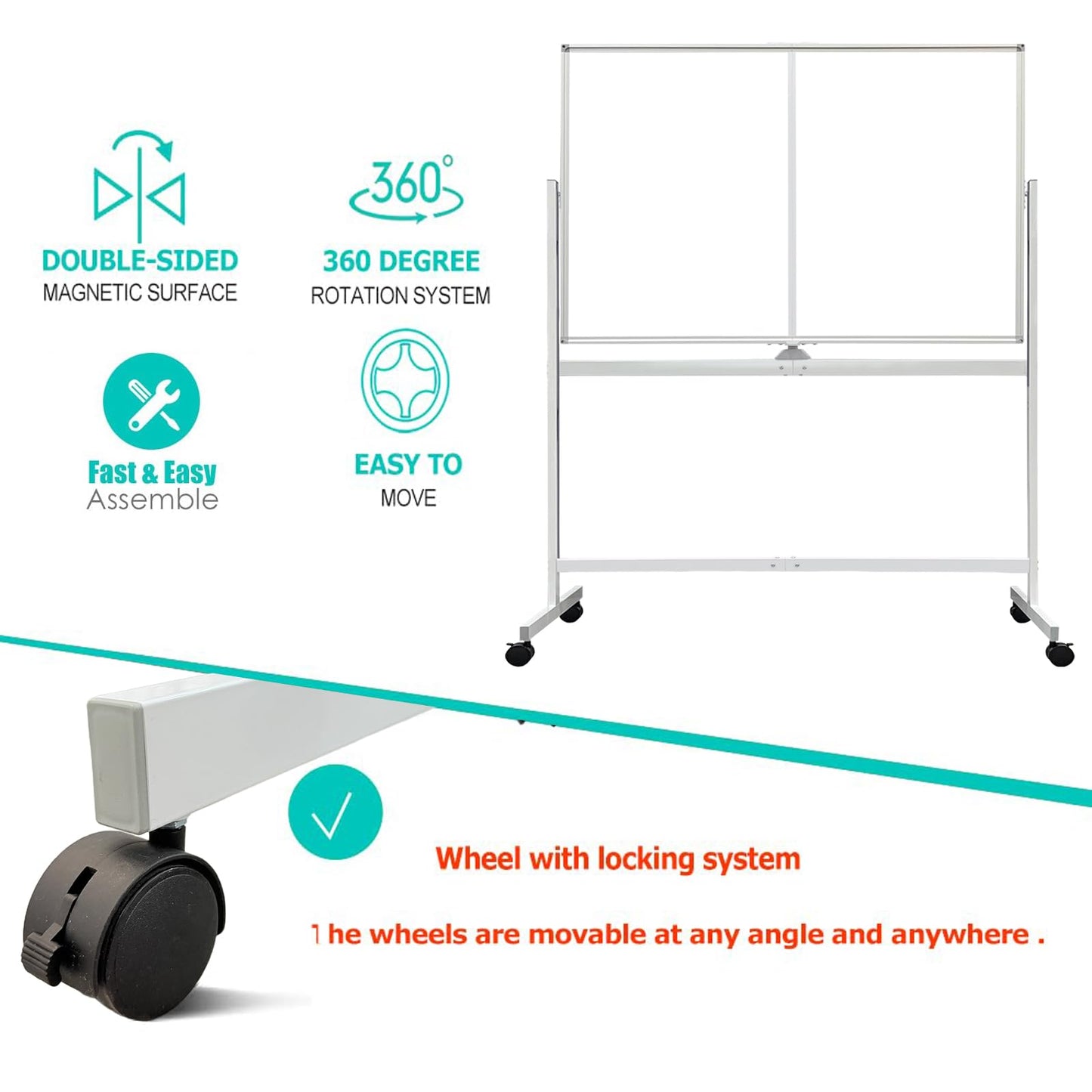 BIBOC Rolling Stand White Board 32×48 Inches, Double Sided Mobile Dry Erase Board with Aluminum Frame, 360 Rotating for Home Office Classroom