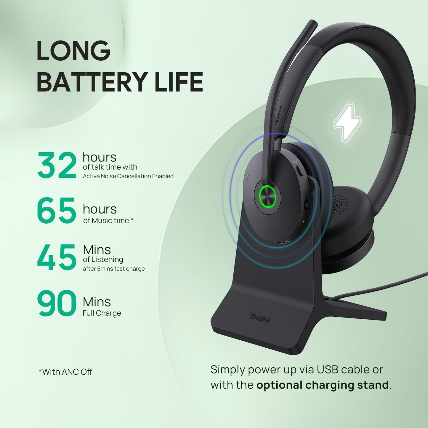 Yealink BH74 with Stand ANC Wireless Headset with Microphone for PC, Bluetooth Headset Noise Cancelling with 6 AI Mic, 32H Talk Time & Mute Button, Microsoft Teams Premium Open Office Certified UC