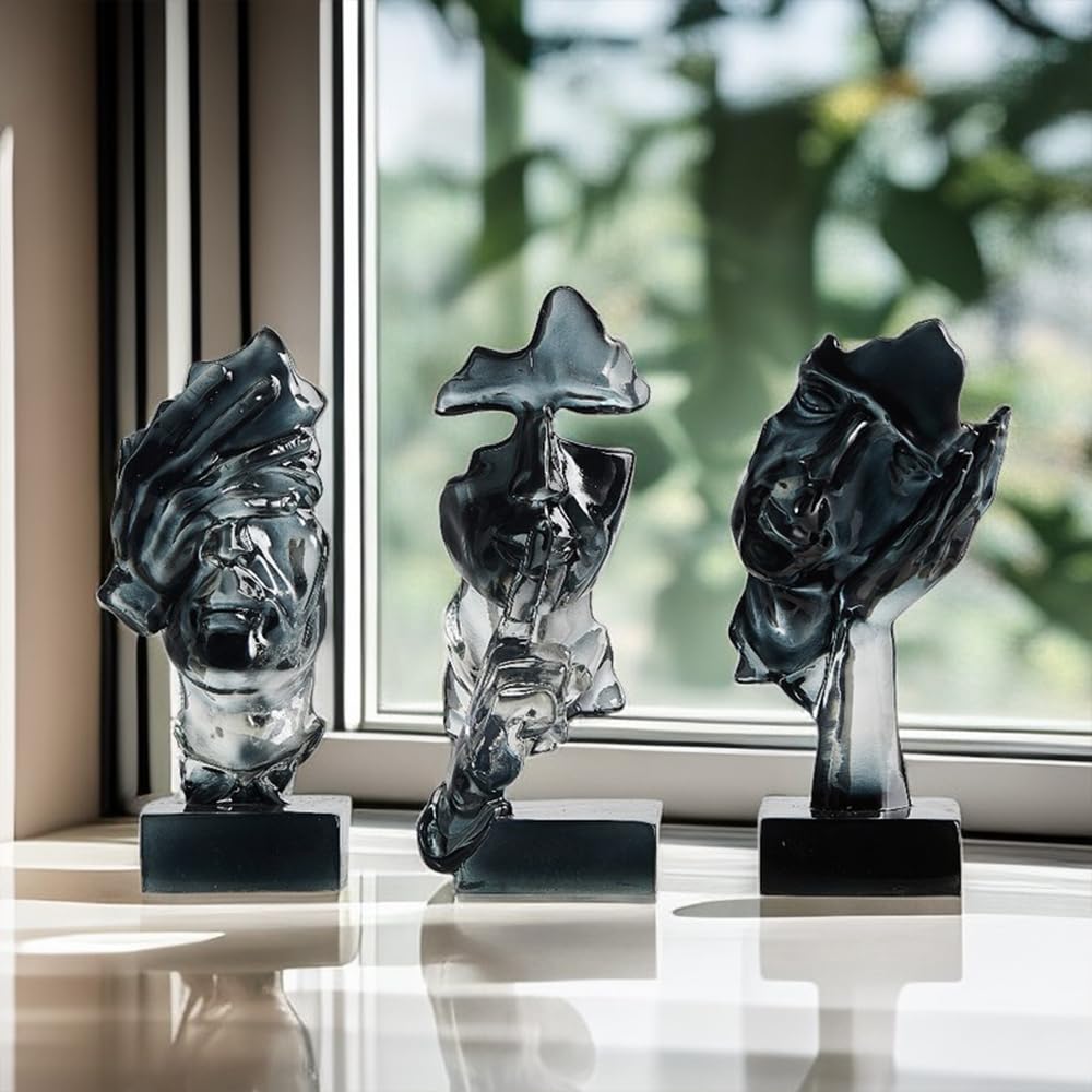 XINXUAN 3PCS Thinker Statue Set : Silence is Gold Abstract Art Statue- Modern Home Resin Sculpture, Piano, Desktop, Office, Study Decoration (Smoke Grey)