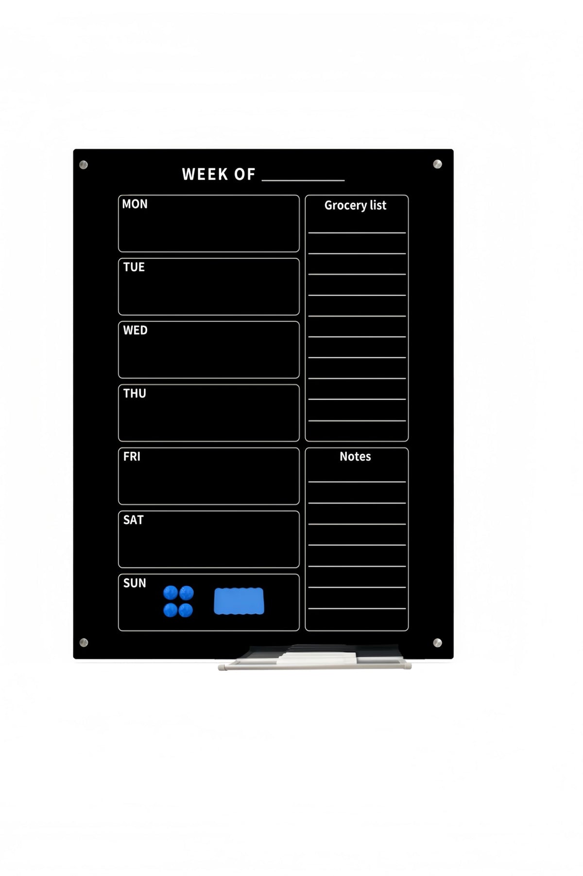 24" x 36" Magnetic Weekly Glass Planner Whiteboard Frameless Black Dry Erase Calendar for Office or Home Kitchen - Premium Tempered Glass, Vertical Wall-Mounted (6 Markers Included)