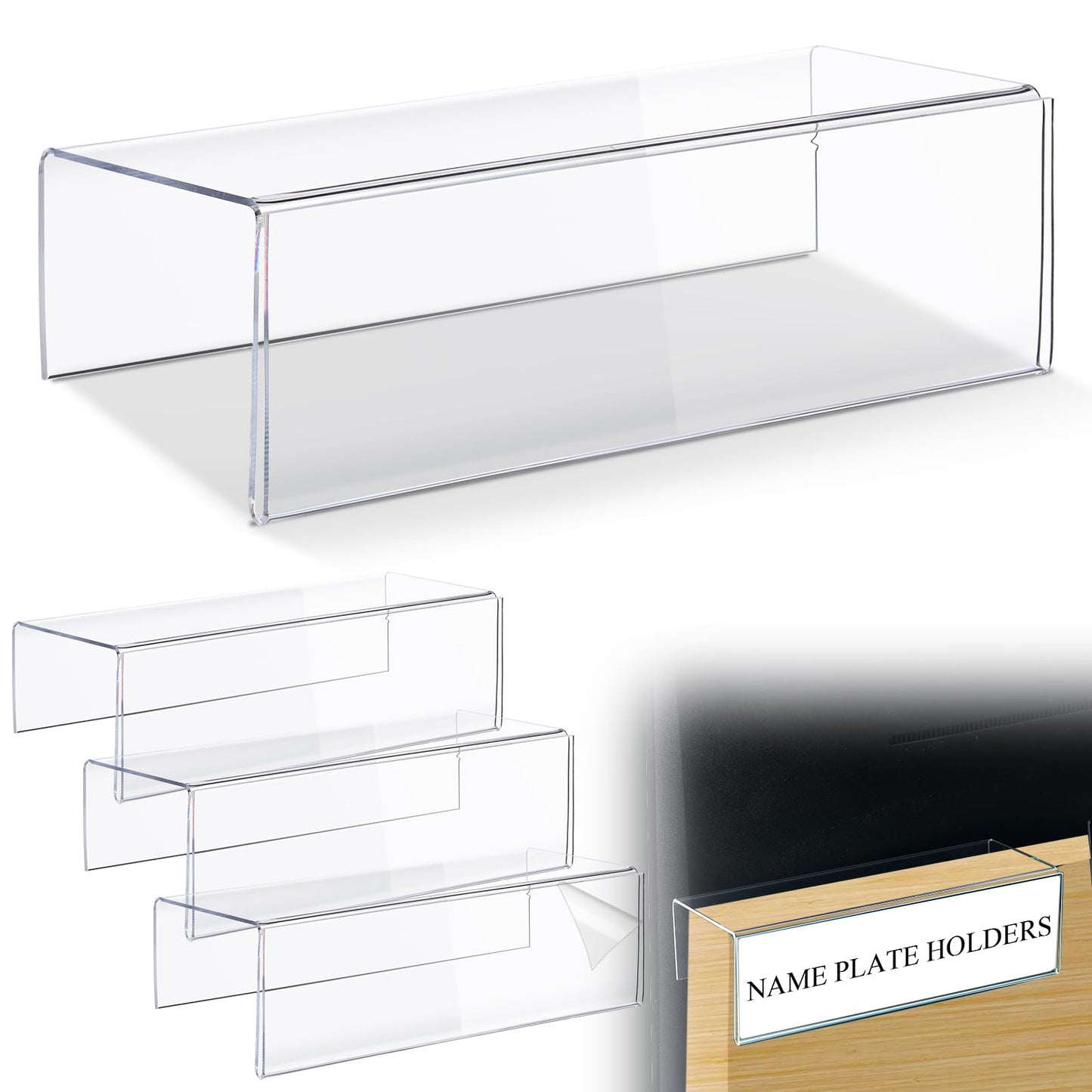 Kathfly 4 Pcs Clear Acrylic Cubicle Name Plate Holders 8.5" L x 2.5" W - Fits 3" Cubicle Wall, Single Sided Sign Holder Plastic Nameplate for Office Home Classroom Library Display