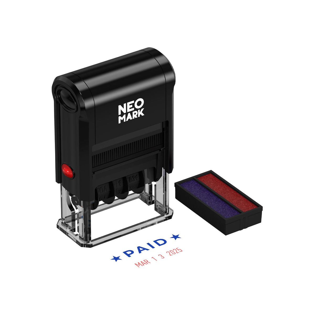 NEO MARK Self-Inking Date Office Stamp with Paid Blue Ink & Date Red Ink, 12-Year Adjustable Rubber Dater, Ideal for Documents, Business & Accounting - with an Extra Refill Ink Pad
