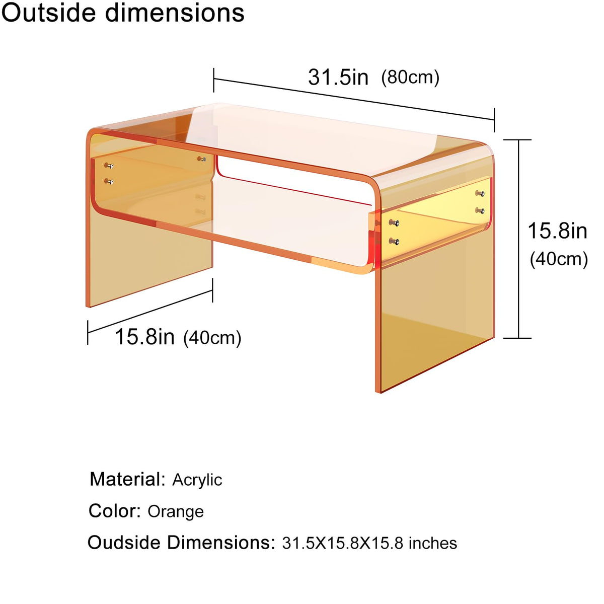 XOHYW Acrylic Coffee Table, Orange Rectangle Side Table Furniture, Modern Tea Table with Open Storage for Living Room, Office Reception and Bedroom
