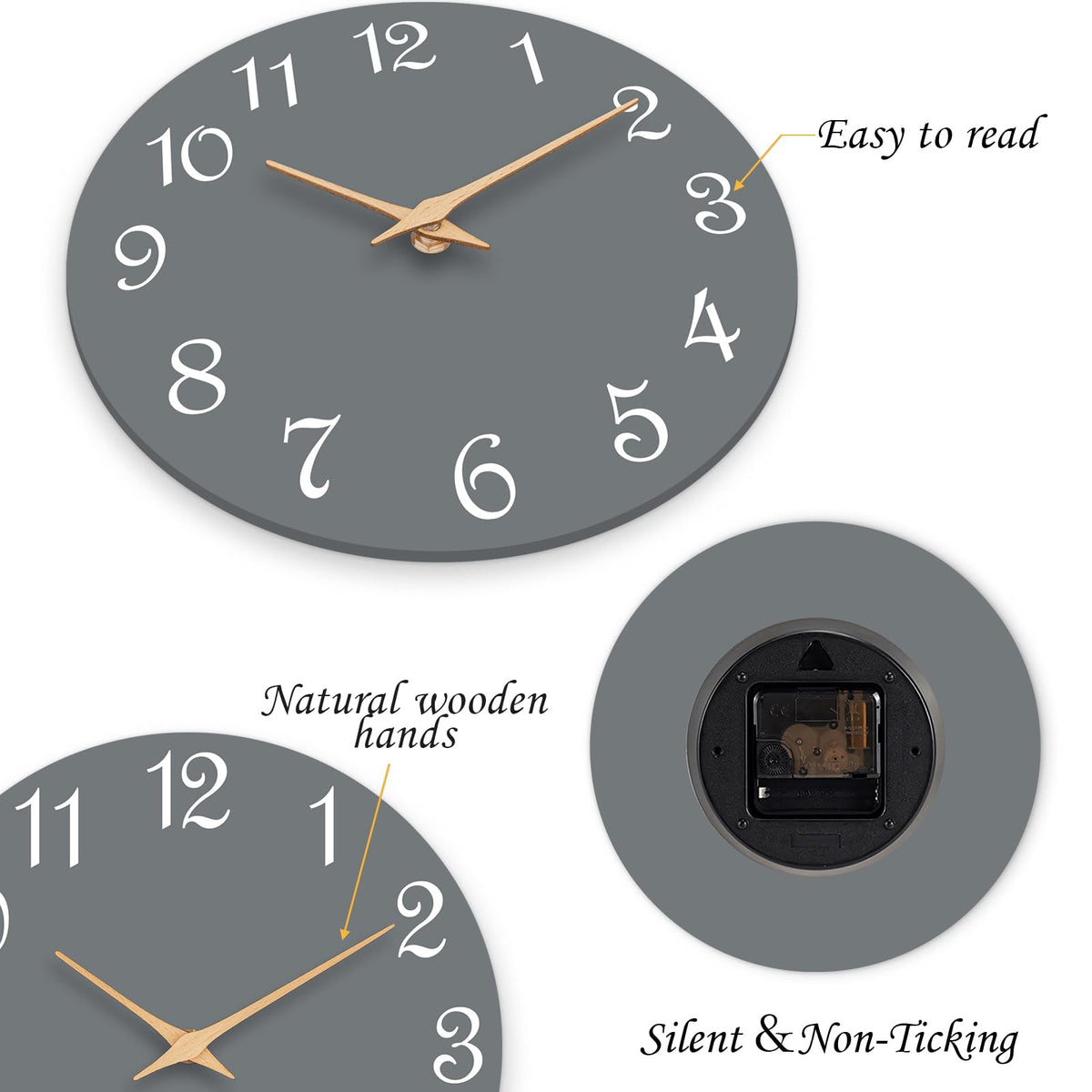 Roymnie Wall Clock 12 Inch, Modern Wall Clocks Battery Operated, Silent Non Ticking Clock Decorative for Living Room, Office, Bedroom, Home, School (Gray)
