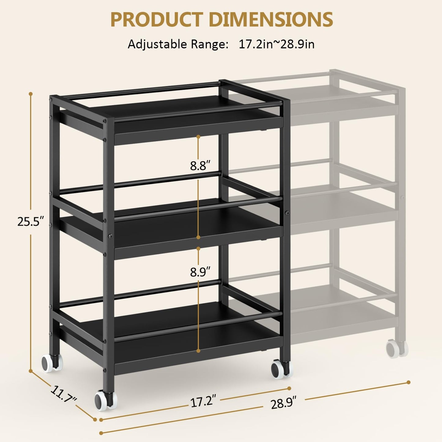3-Tier Expandable Rolling Pantry Organizers and Storage Cart with Wheels, Adjustable Pantry Floor Organizer, Snack Cart for Pantry, Kitchen Storage Cart with 4 Hooks for Snack, Food, Vegetables