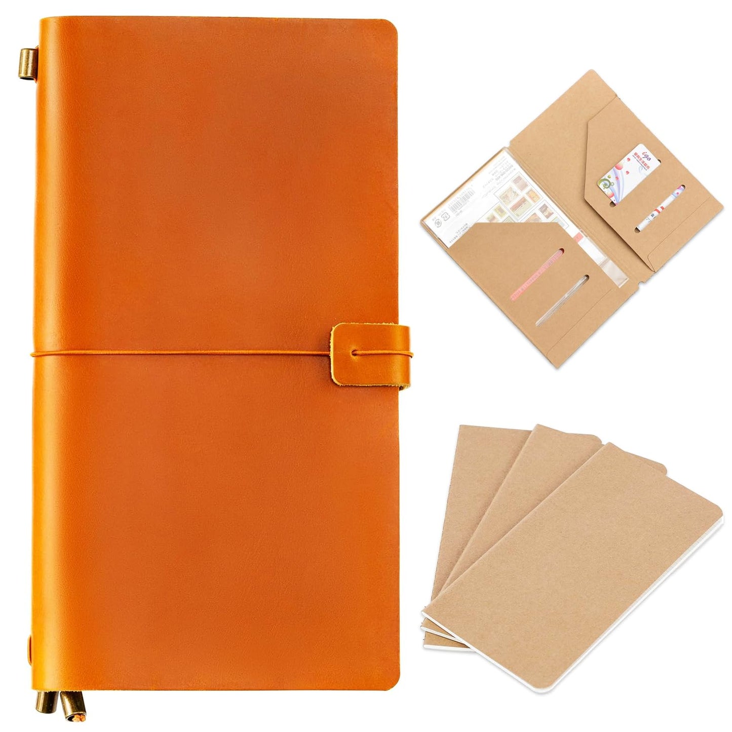 Ox Knight Refillable Leather Travelers Notebook, 8.6 x 4.9 Standard Size Travel Diary for Men and Women, Genuine Leather Travel Journal with 3 Notebook Inserts for Writing, Sketching & Planning, Light Brown