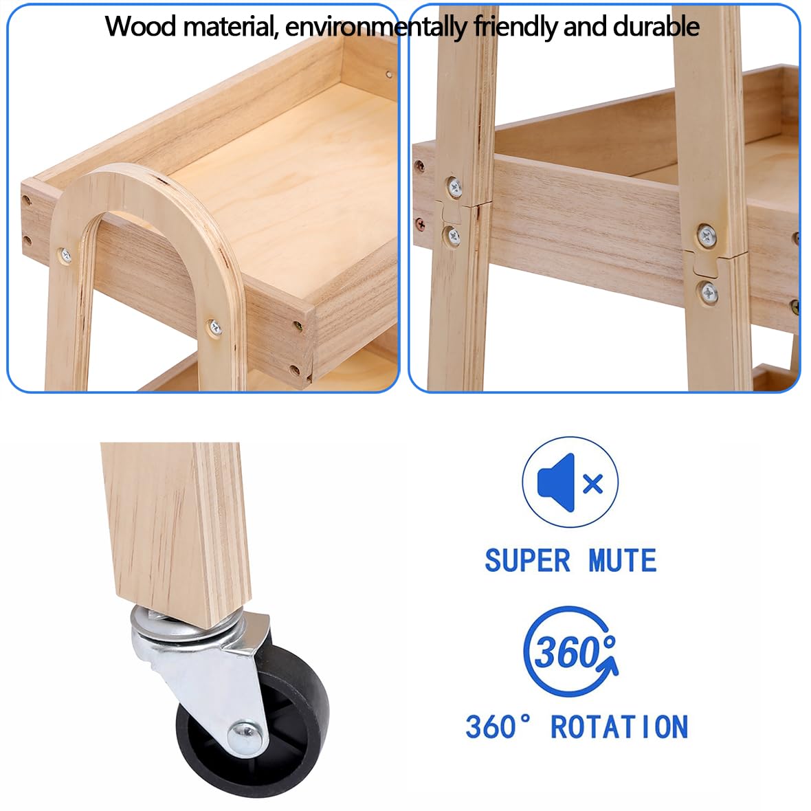 3-Tier Wooden Rolling Cart- Wooden Utility Cart wit Wheels- Utility Rolling Cart-Storage Trolley Organizer- Rolling Kitchen Cart Serving Cart for Office,Kitchen, Kids' Room (natural wood color)