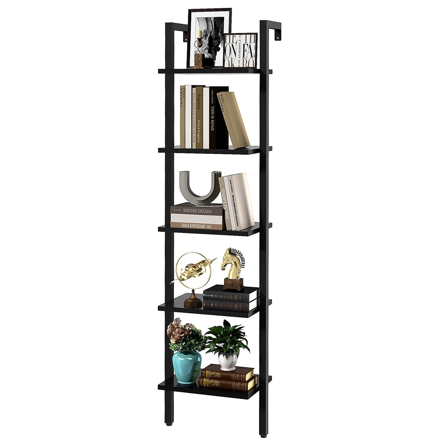 YMYNY 5 Tiers Narrow Ladder Bookcase, Industrial Wall Mounted Bookshelf, Open Display Rack with Metal Frame, Wooden Storage Shelves for Bedroom, Home Office, Living Room, Black, 70*17.3*11.8"UHBC015B
