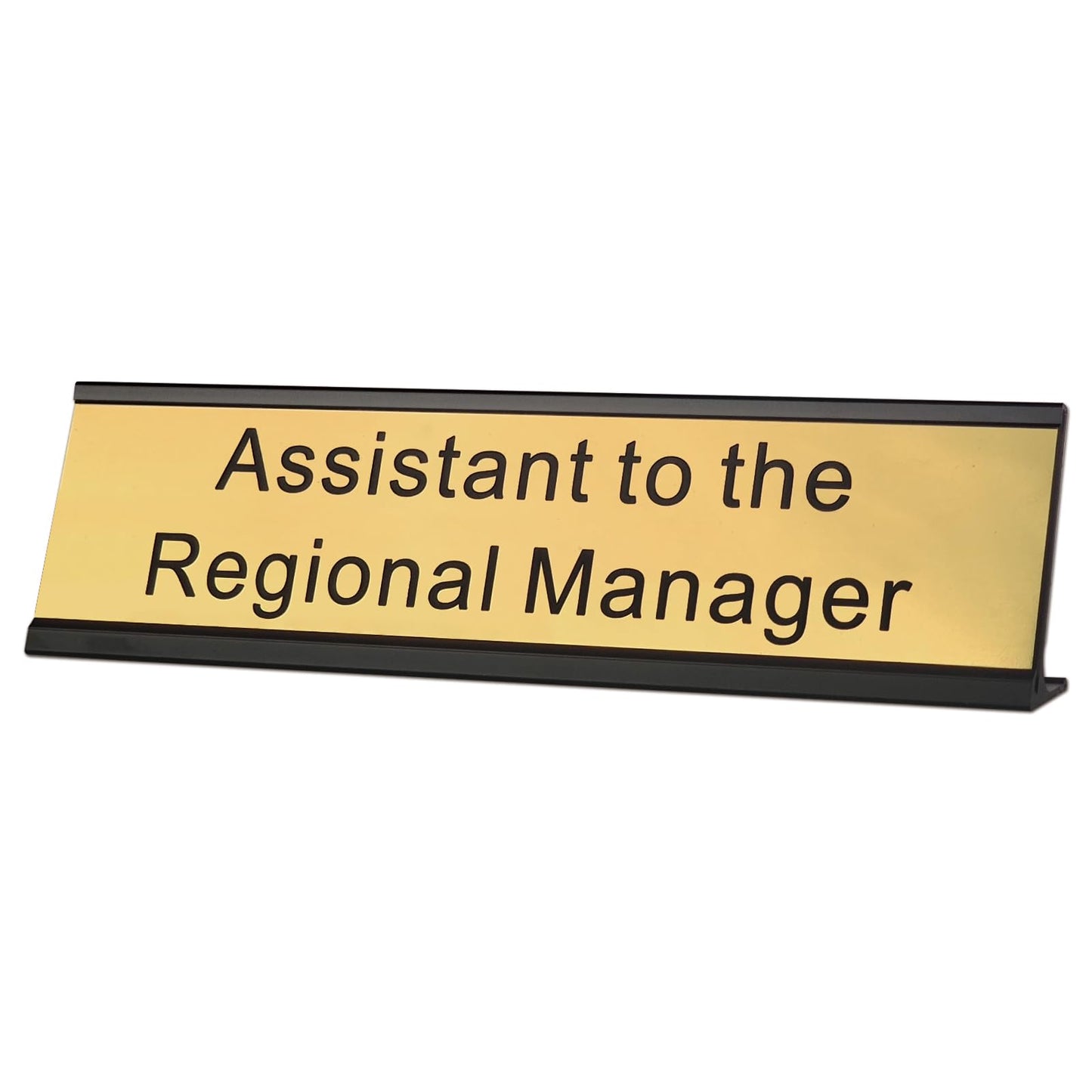 Assistant to The Regional Manager Desk Plate, 2 x 8 inch Novelty Name Plate, Gold Name Plate with Black Aluminum Desk Holder