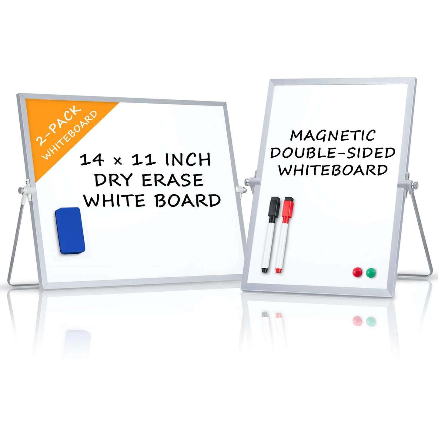 2-Pack Magnetic Dry Erase Whiteboard, Vertical and Horizontal - 14 11 Inch Double-Sided Desktop White Board with Stand Portable Small Whiteboard for Office, Home, Drawing & Notes