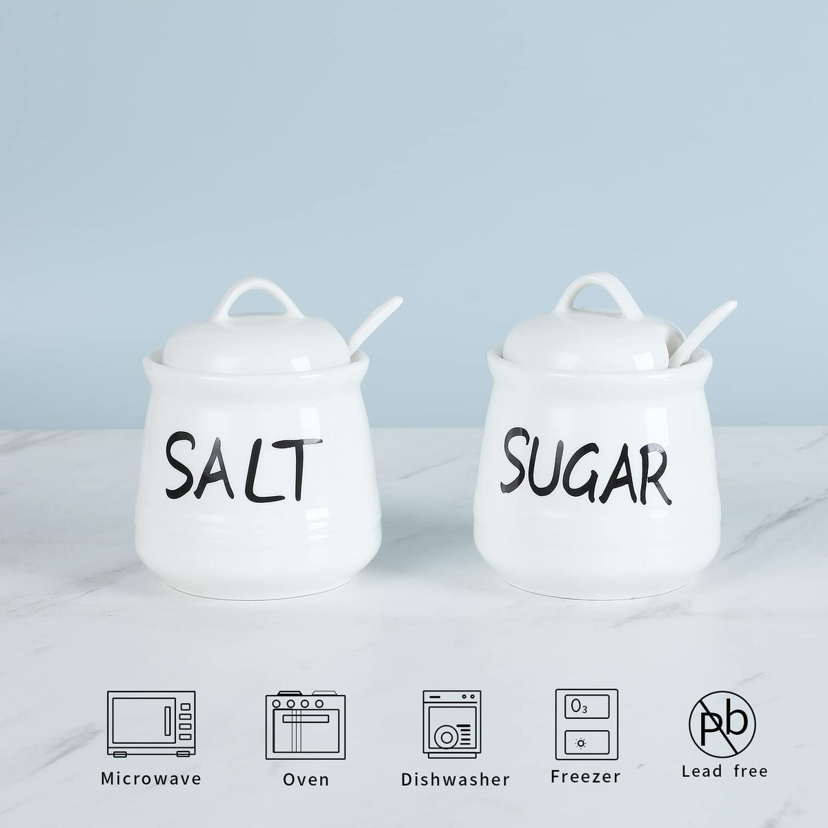 Salt and Sugar Bowls with Lid and Spoon -12 oz Ceramic Salt and Sugar Cellar Set, Salt and Sugar Containers, Spice Box for Counter, Farmhouse Kitchen Decor, White